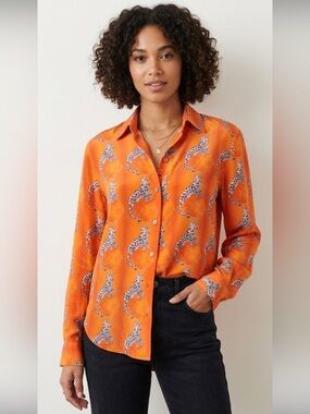 Vintage Piano Silk Orange Cheetah Print Button-Up Shirt